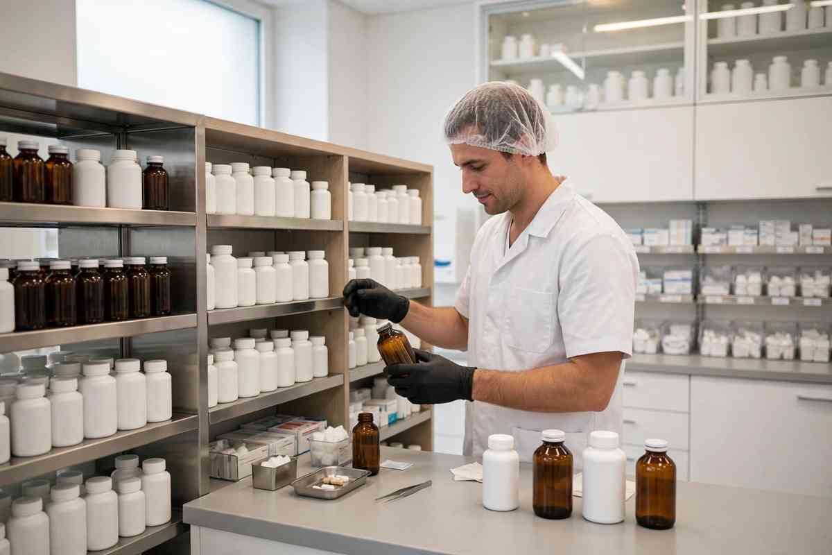 Pharmacy technician at work at a hospital pharmacy counter in Pakistan