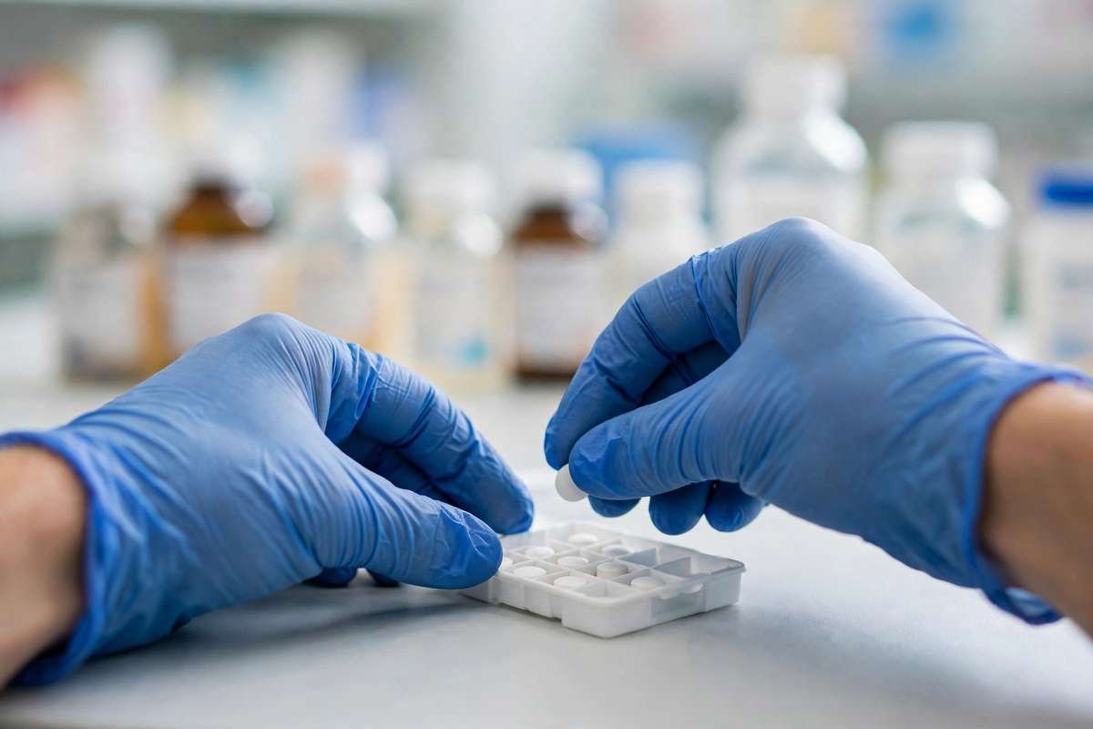 Pharmacy technician counting pills in a medicine tray during dispensing work