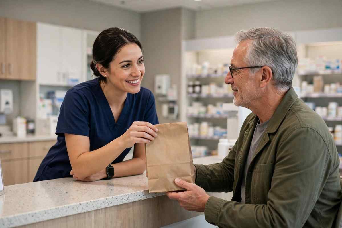 Pharmacy technician consulting a patient across the pharmacy counter