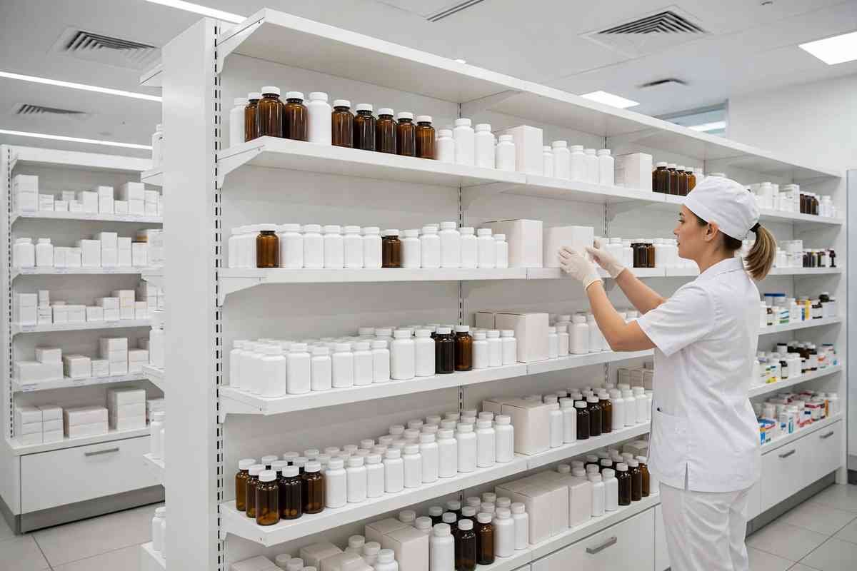 Pharmacy technician arranging stock on pharmacy shelves