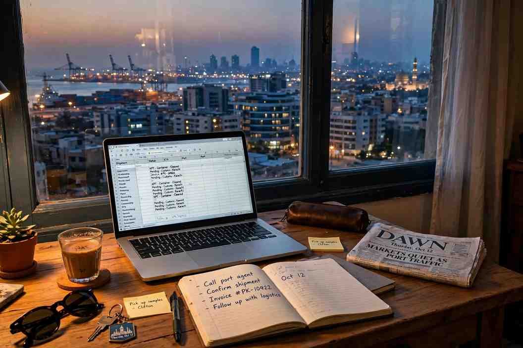 content writer jobs karachi – Karachi city skyline with laptop and notebook