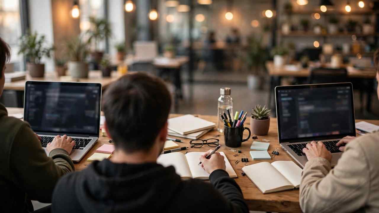 Content writer jobs in Karachi – a writing team collaborating on articles at a digital company desk