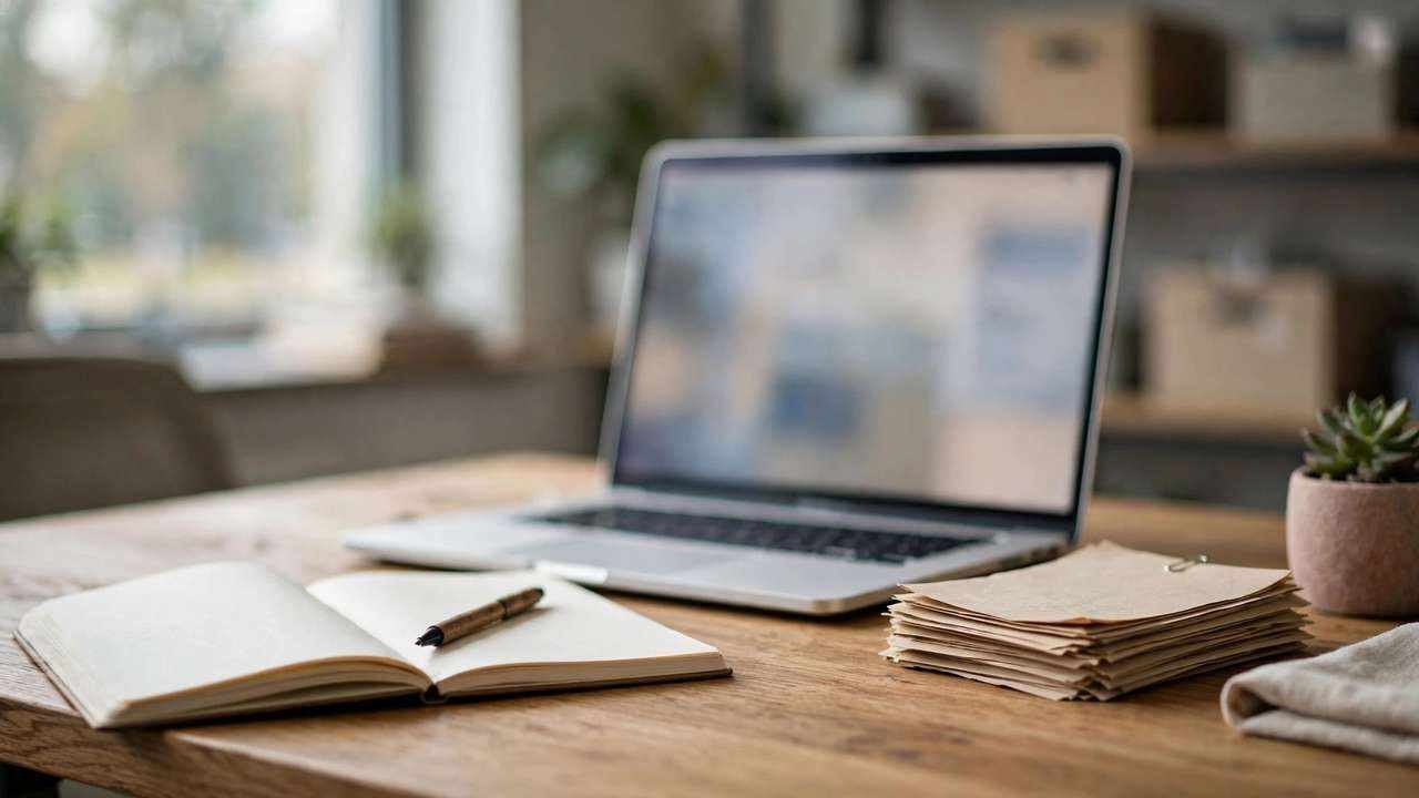 Content writer jobs in Karachi – an on-site writing desk with a notebook, laptop, and research notes